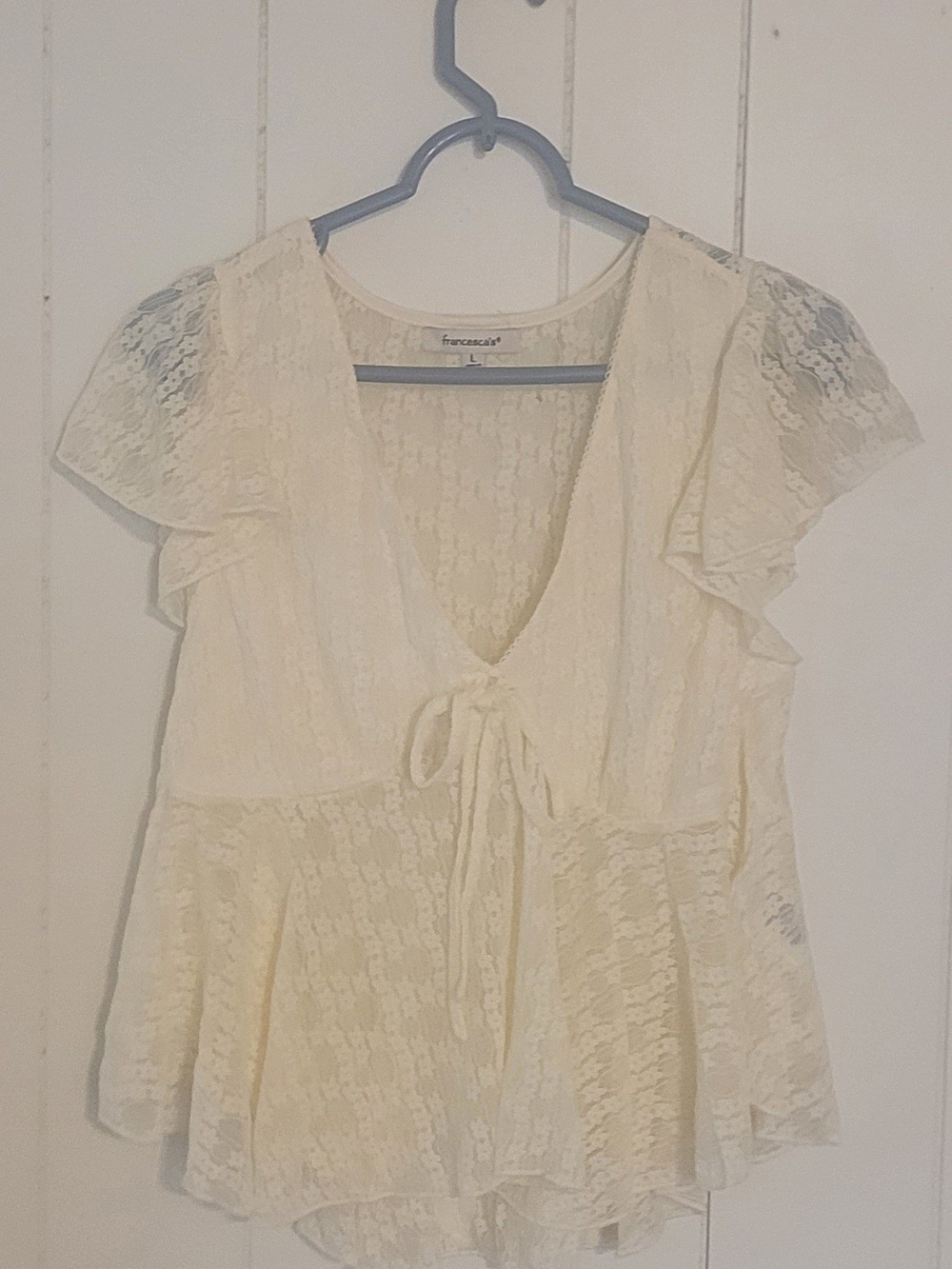 Francesca's Cream Lace Tie Front Flutter Sleeve Peplum Top Womens L Cottagecore